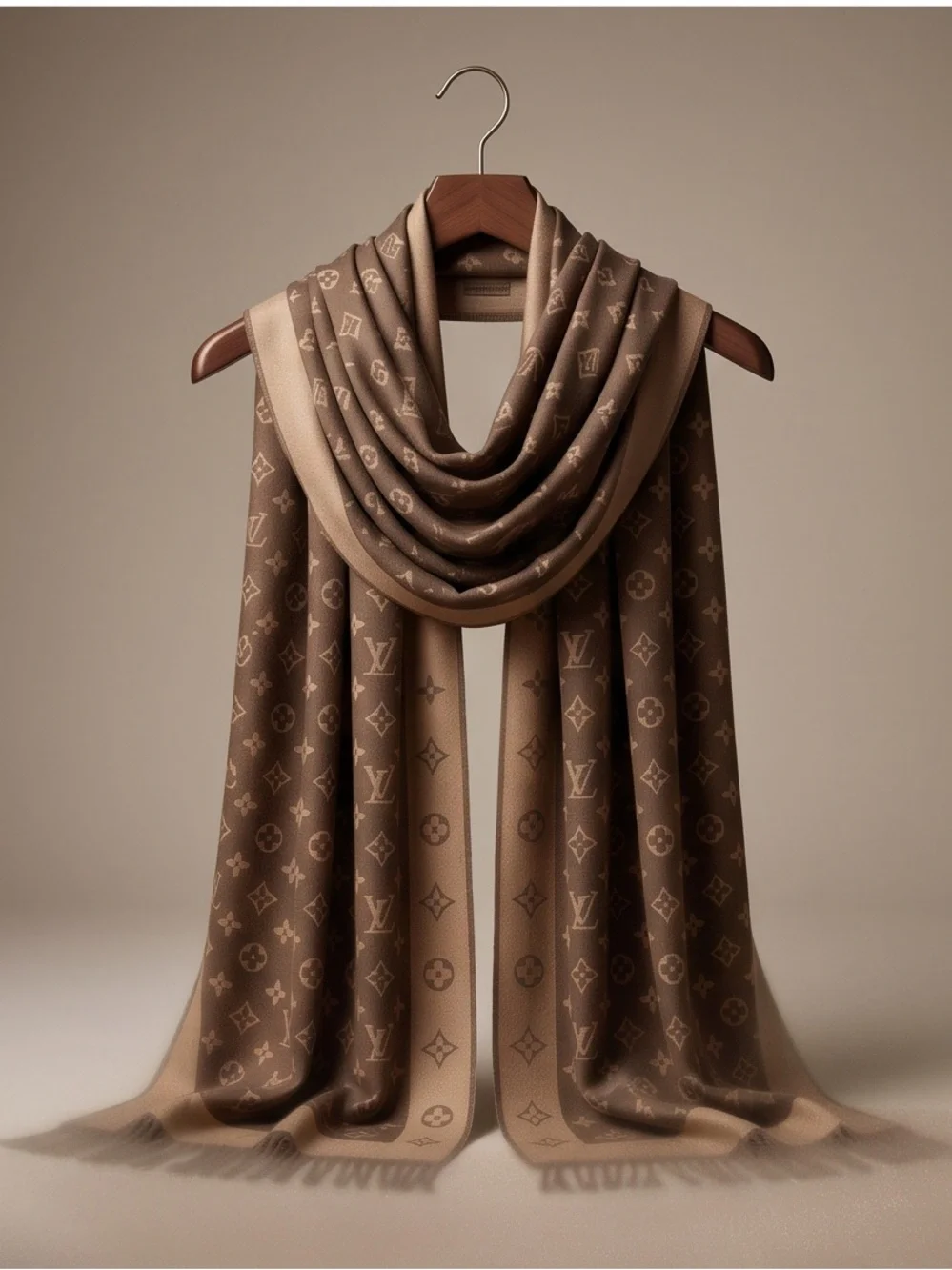 A Luxury Monogram Cashmere Silk Blend Fringe Scarf Wrap 28.5” x 72” Brown☑️
